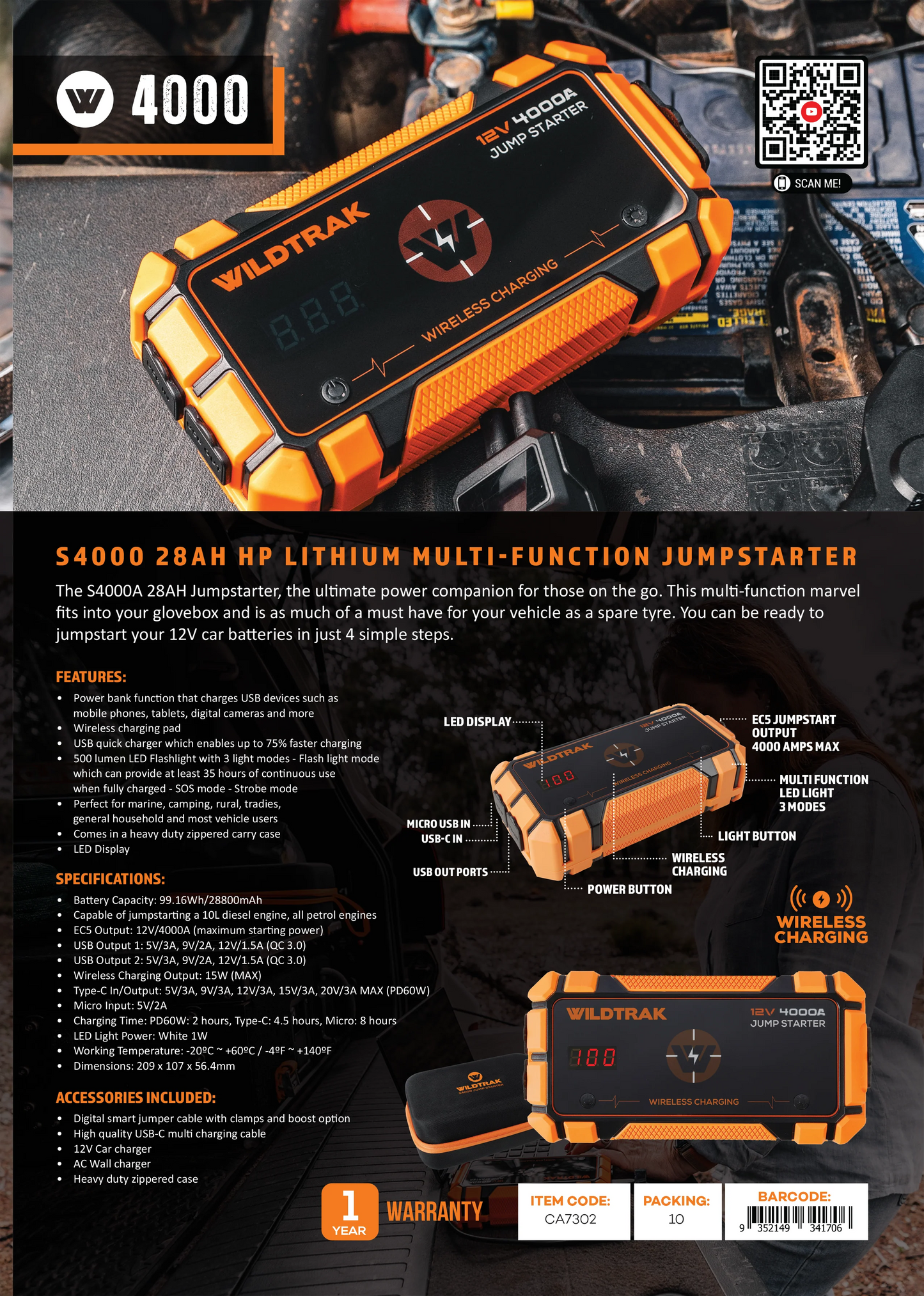 WildTrak Heavy-Duty 4000A 28KMAH HP Lithium Car & 4WD Jump Starter